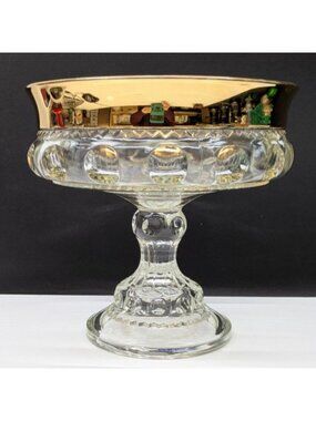 Indiana Glass Kings Crown Gold Rim Thumbprint Candy Compote Vintage